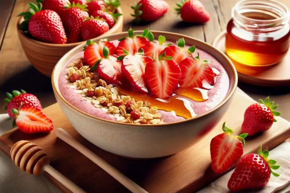 Jahodová smoothie bowl s jahodami, granolou a medom. Zdravé letné raňajky