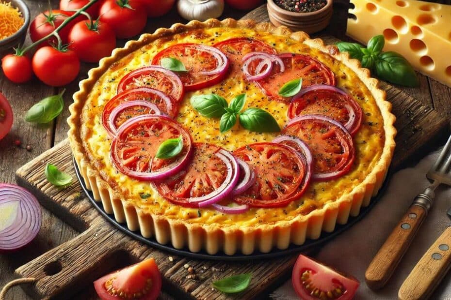 Paradajkový quiche s cheddarom. Výživná večera alebo chutný snack