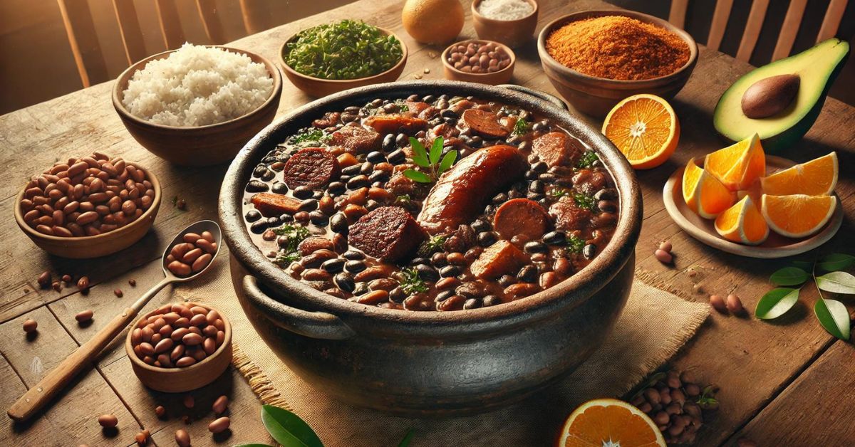 Feijoada. Tradičný brazílsky guláš z čiernej fazule a rôznych druhov mäsa