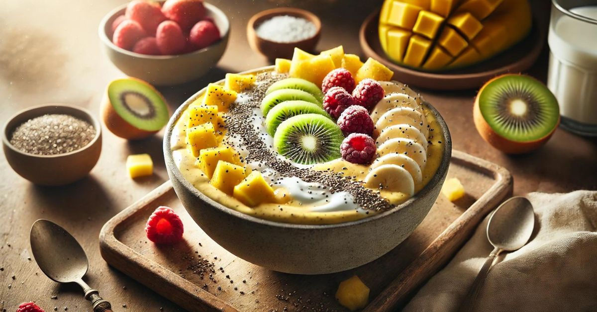 Smoothie bowl s tropickým ovocím. Výživné a chutné raňajky