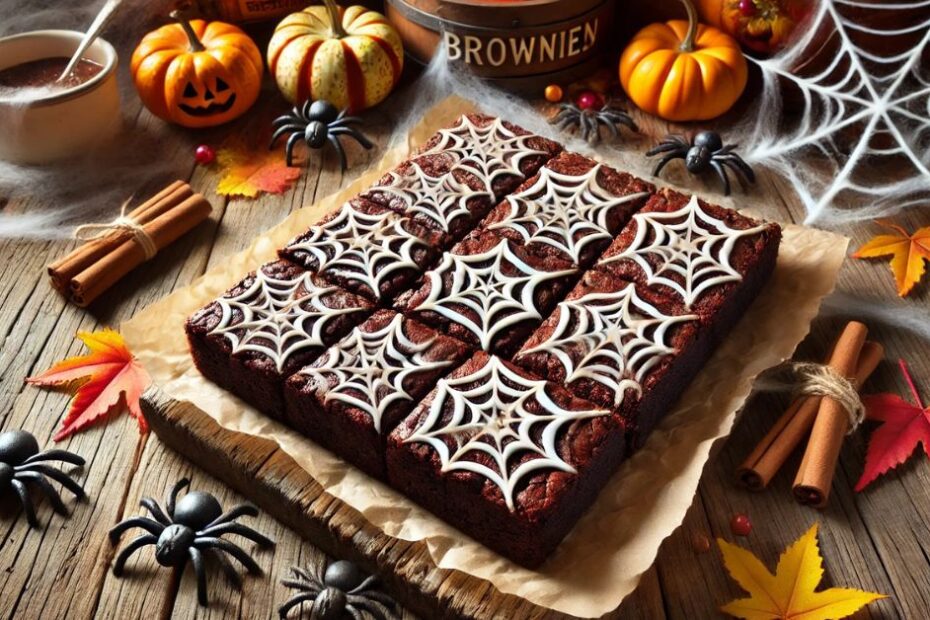 Spider Web Brownies: Strašidelne chutné halloweenske brownies s čokoládovou polevou a pavúčou sieťou